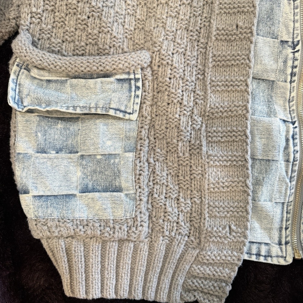 BiBi Gray Knit Twofer Cardigan Jean Jacket S Oversized Denim Hood Layered Check - Picture 4 of 9